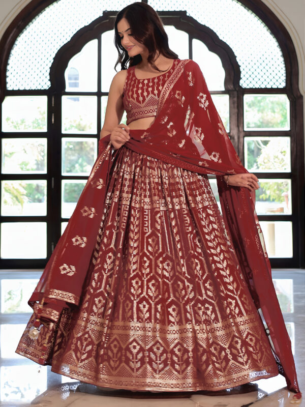 Maroon Color Georgette Fabric Sequence Embroidery Work Lehenga