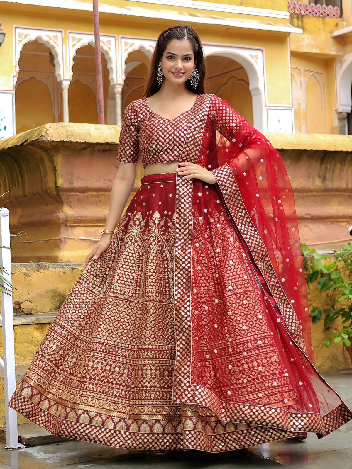 Maroon Color Raw Silk Fabric Sequence With Jari Embroidery Work Lehenga