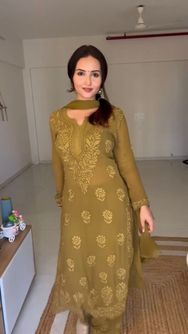 Mehandi Color Faux Georgette Fabric Thread Work Suit