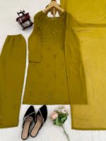 Mehandi Color Faux Georgette Fabric Thread Work Suit