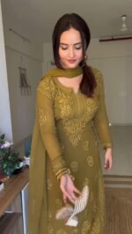 Mehandi Color Faux Georgette Fabric Thread Work Suit