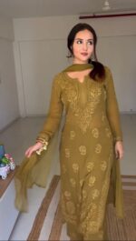 Mehandi Color Faux Georgette Fabric Thread Work Suit