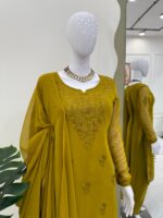 Mehandi Color Faux Georgette Fabric Thread Work Suit