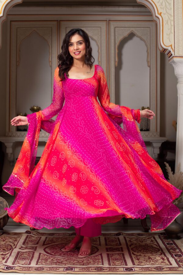 Multi Color Faux Georgette Fabric Digital Print Bandhani Anarkali Suit