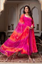 Multi Color Faux Georgette Fabric Digital Print Bandhani Anarkali Suit