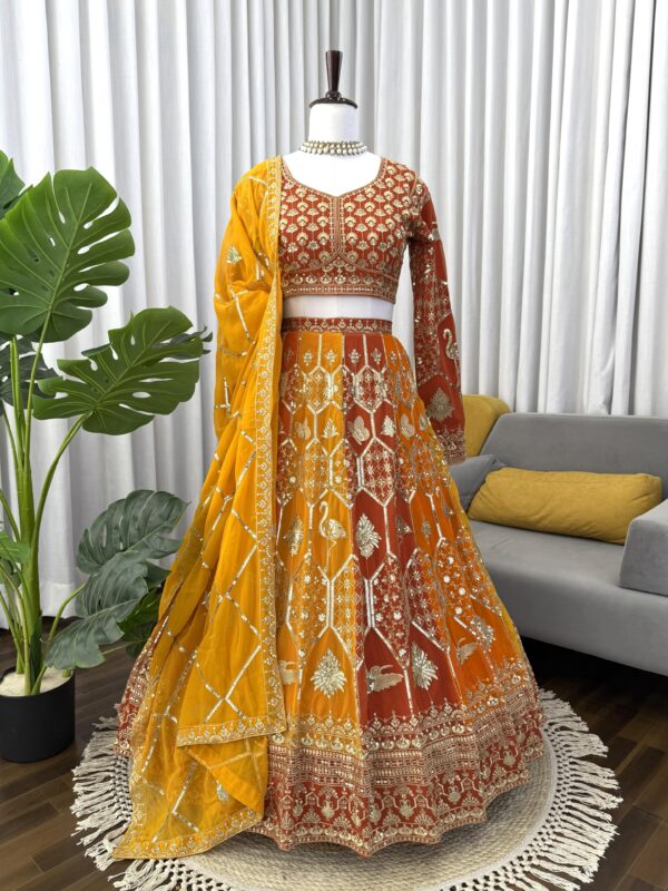 Multi Color Faux Georgette Fabric Thread And Sequence Work Lehenga