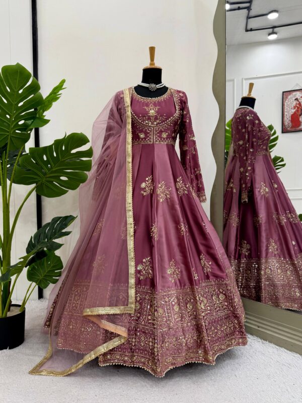 Multi Color Japan Satin Fabric Thread With Sequence Work Anarkali Suit