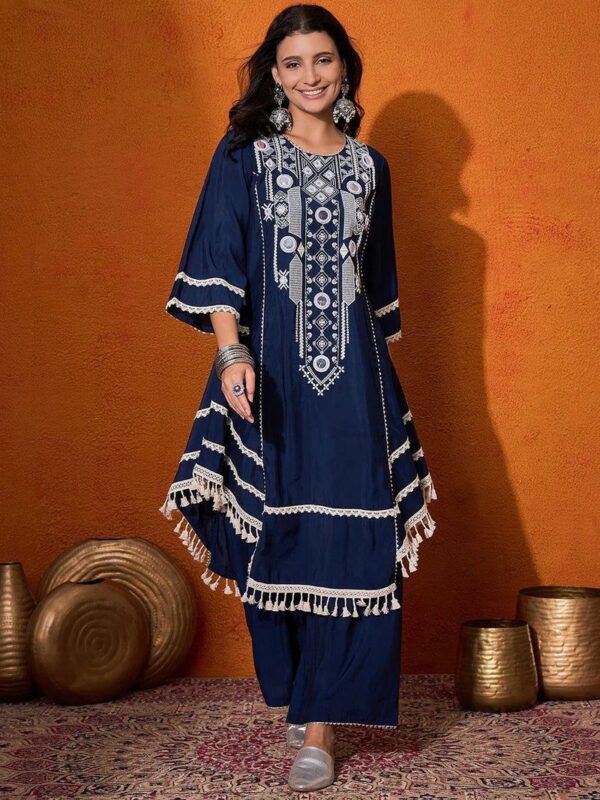 Navy Blue Color Rayon Cotton Fabric Thread With Real Mirror Work Palazzo Set