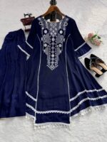 Navy Blue Color Rayon Cotton Fabric Thread With Real Mirror Work Palazzo Set
