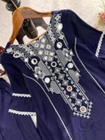 Navy Blue Color Rayon Cotton Fabric Thread With Real Mirror Work Palazzo Set