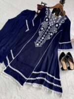 Navy Blue Color Rayon Cotton Fabric Thread With Real Mirror Work Palazzo Set