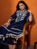 Navy Blue Color Rayon Cotton Fabric Thread With Real Mirror Work Palazzo Set