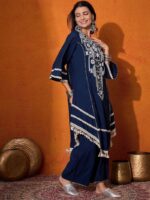 Navy Blue Color Rayon Cotton Fabric Thread With Real Mirror Work Palazzo Set