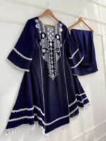 Navy Blue Color Rayon Cotton Fabric Thread With Real Mirror Work Palazzo Set