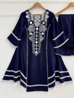 Navy Blue Color Rayon Cotton Fabric Thread With Real Mirror Work Palazzo Set