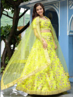 Neon Color Slub Silk Fabric Jari With Thread And Sequence Embroidery Work Lehenga