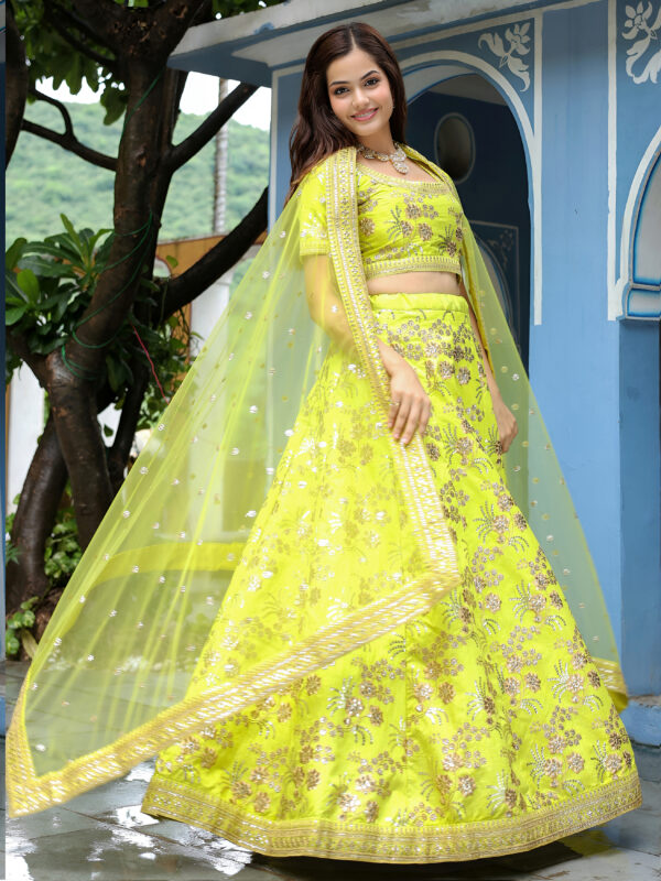 Neon Color Slub Silk Fabric Jari With Thread And Sequence Embroidery Work Lehenga
