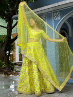 Neon Color Slub Silk Fabric Jari With Thread And Sequence Embroidery Work Lehenga