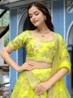 Neon Color Slub Silk Fabric Jari With Thread And Sequence Embroidery Work Lehenga