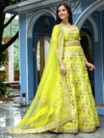 Neon Color Slub Silk Fabric Jari With Thread And Sequence Embroidery Work Lehenga