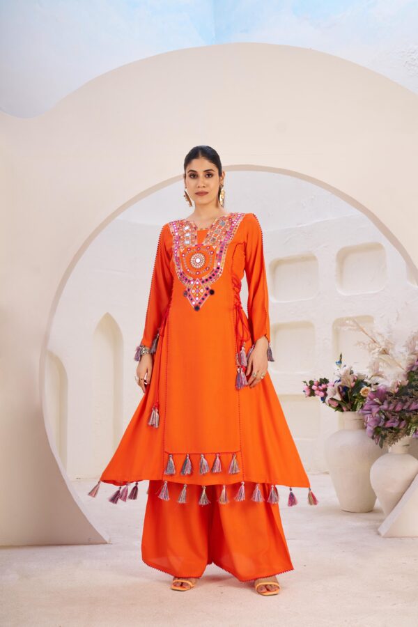 Orange Rayon Fabric Peplum Palazzo Style Cord Set Suit
