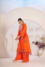 Orange Rayon Fabric Peplum Palazzo Style Cord Set Suit
