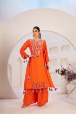 Orange Rayon Fabric Peplum Palazzo Style Cord Set Suit