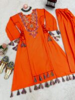 Orange Rayon Fabric Peplum Palazzo Style Cord Set Suit