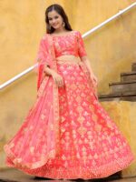 Peach Color Slub Silk Fabric Sequence With Jari Embroidery Work Lehenga