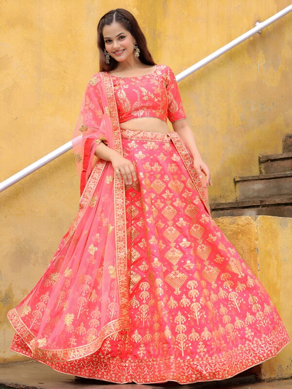 Peach Color Slub Silk Fabric Sequence With Jari Embroidery Work Lehenga