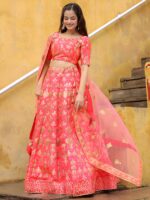 Peach Color Slub Silk Fabric Sequence With Jari Embroidery Work Lehenga
