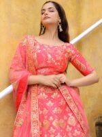 Peach Color Slub Silk Fabric Sequence With Jari Embroidery Work Lehenga
