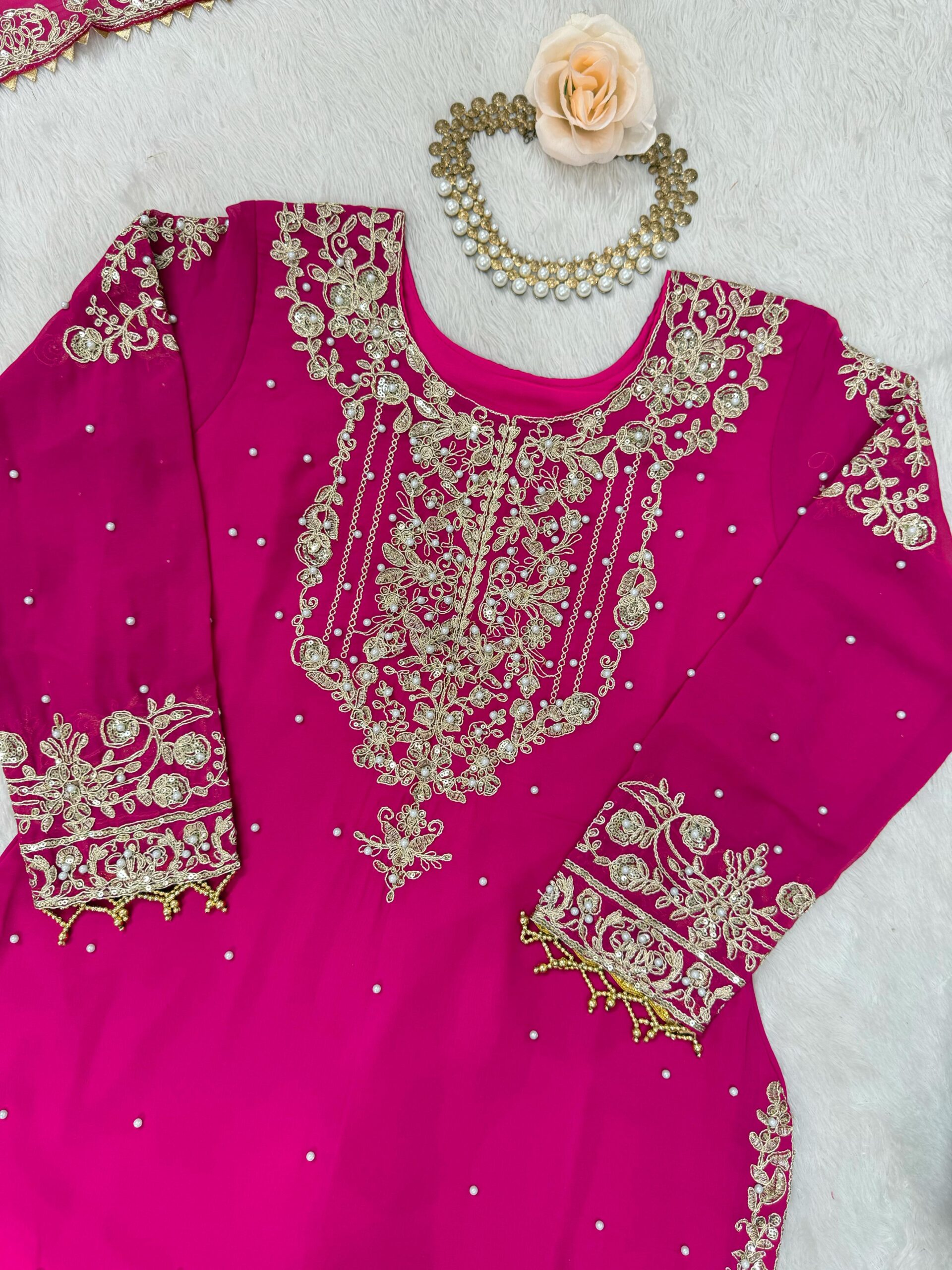 Pink Color Faux Georgette Fabric Sequence And Thread With Pearl Work Sharara Set