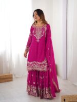 Pink Color Faux Georgette Fabric Sequence And Thread With Pearl Work Sharara Set-FDVKDSP26PINK (3) Pink Color Faux Georgette Fabric Sequence And Thread With Pearl Work Sharara Set