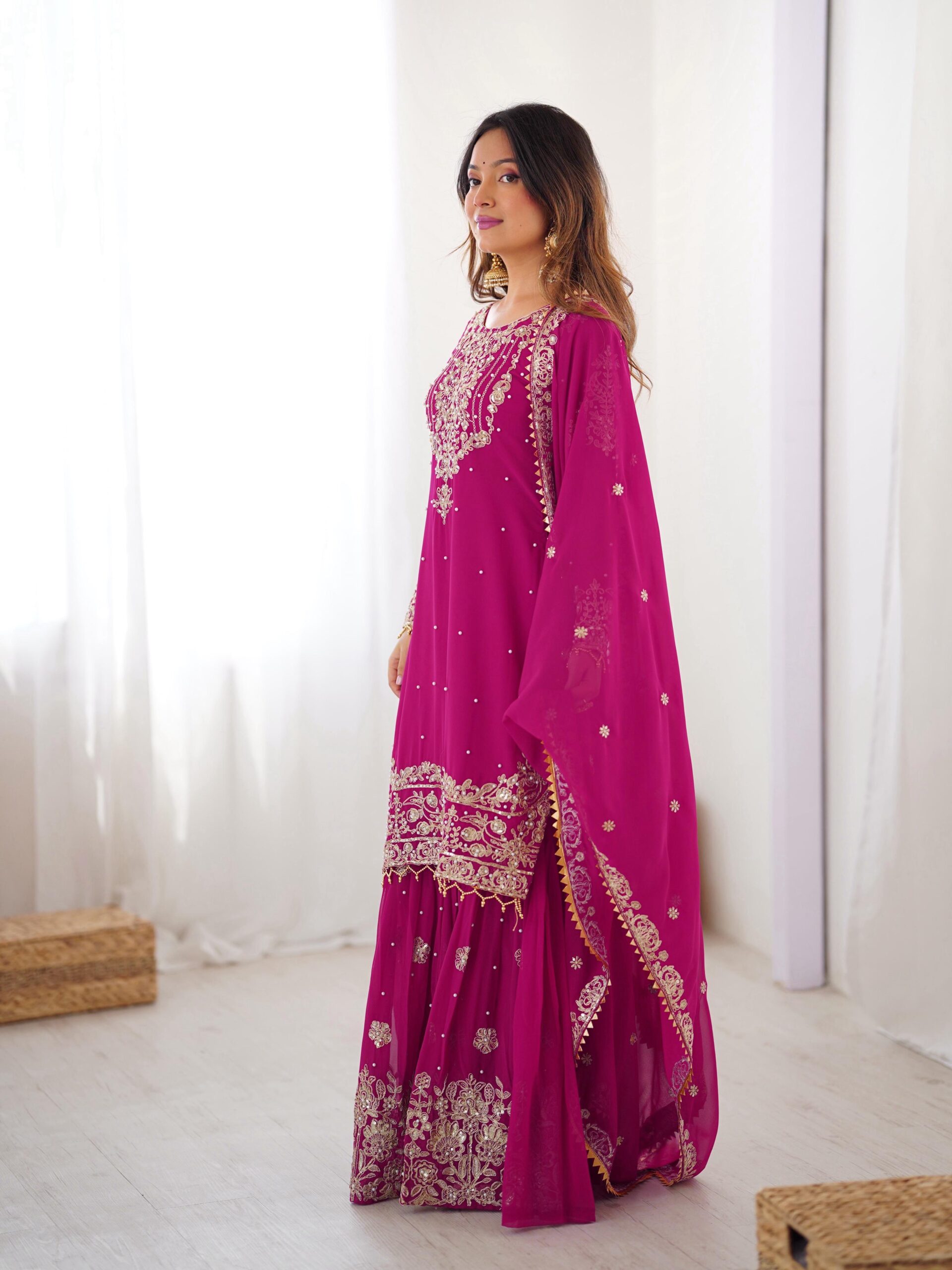Pink Color Faux Georgette Fabric Sequence And Thread With Pearl Work Sharara Set