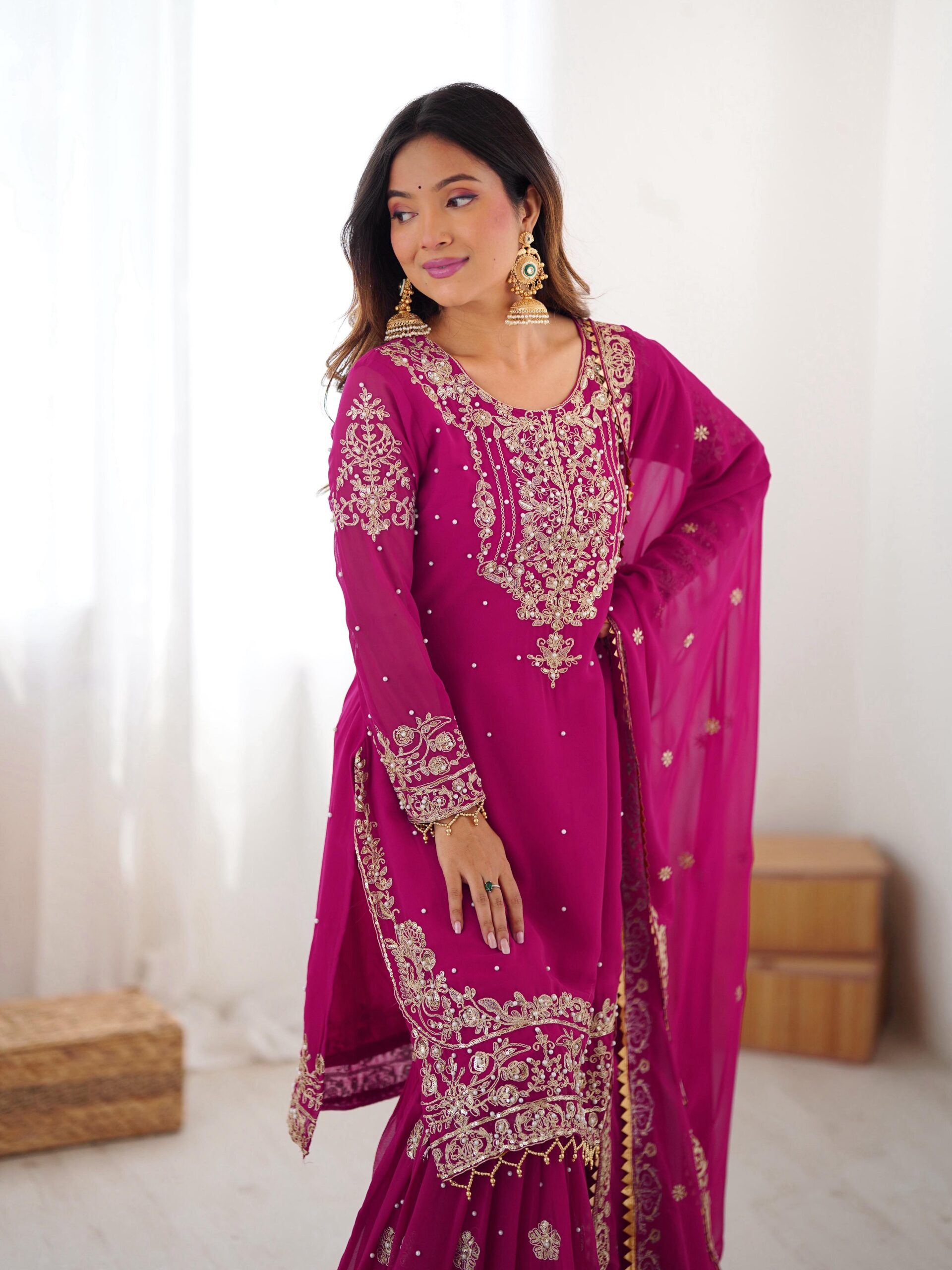 Pink Color Faux Georgette Fabric Sequence And Thread With Pearl Work Sharara Set