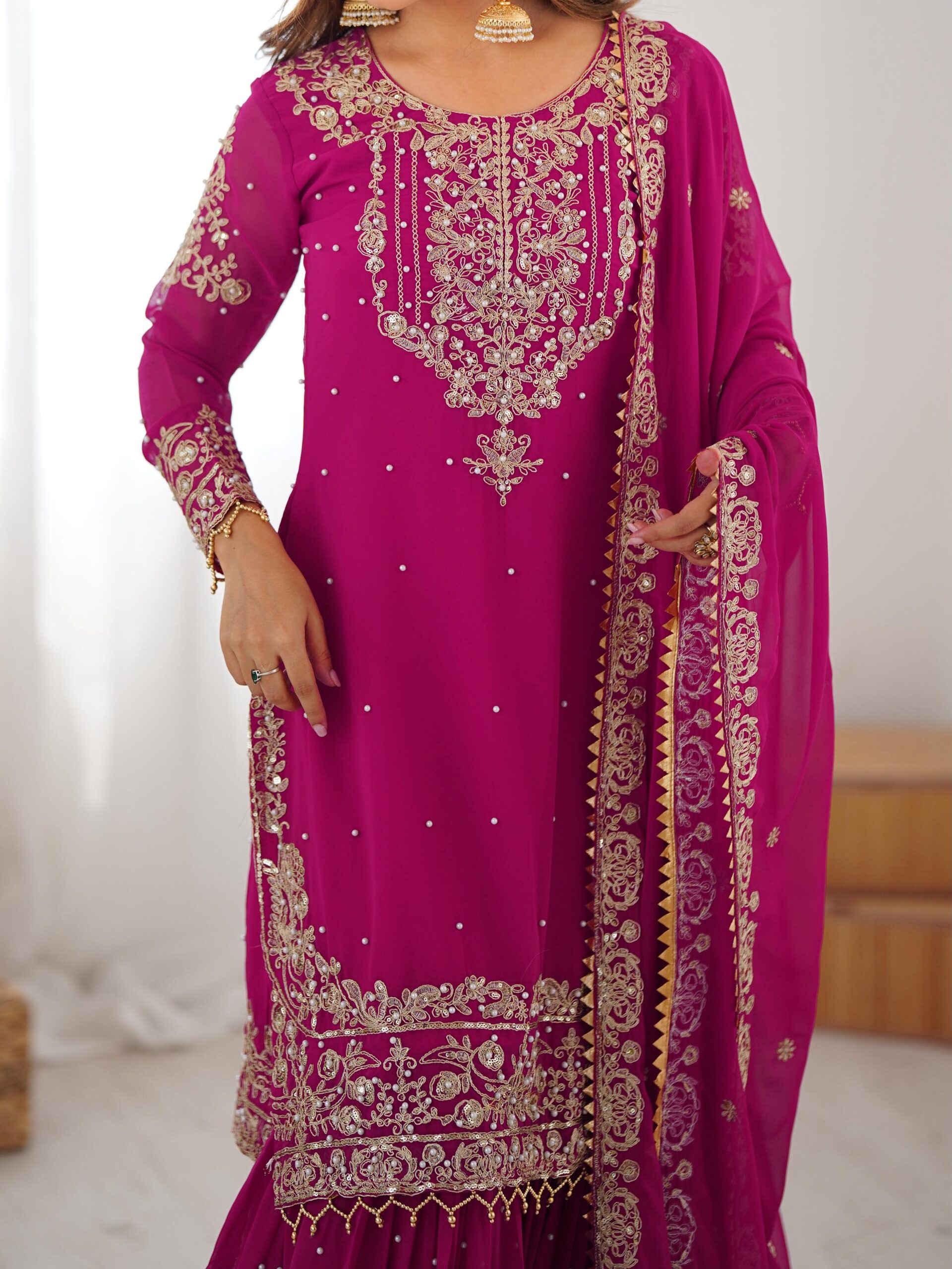 Pink Color Faux Georgette Fabric Sequence And Thread With Pearl Work Sharara Set