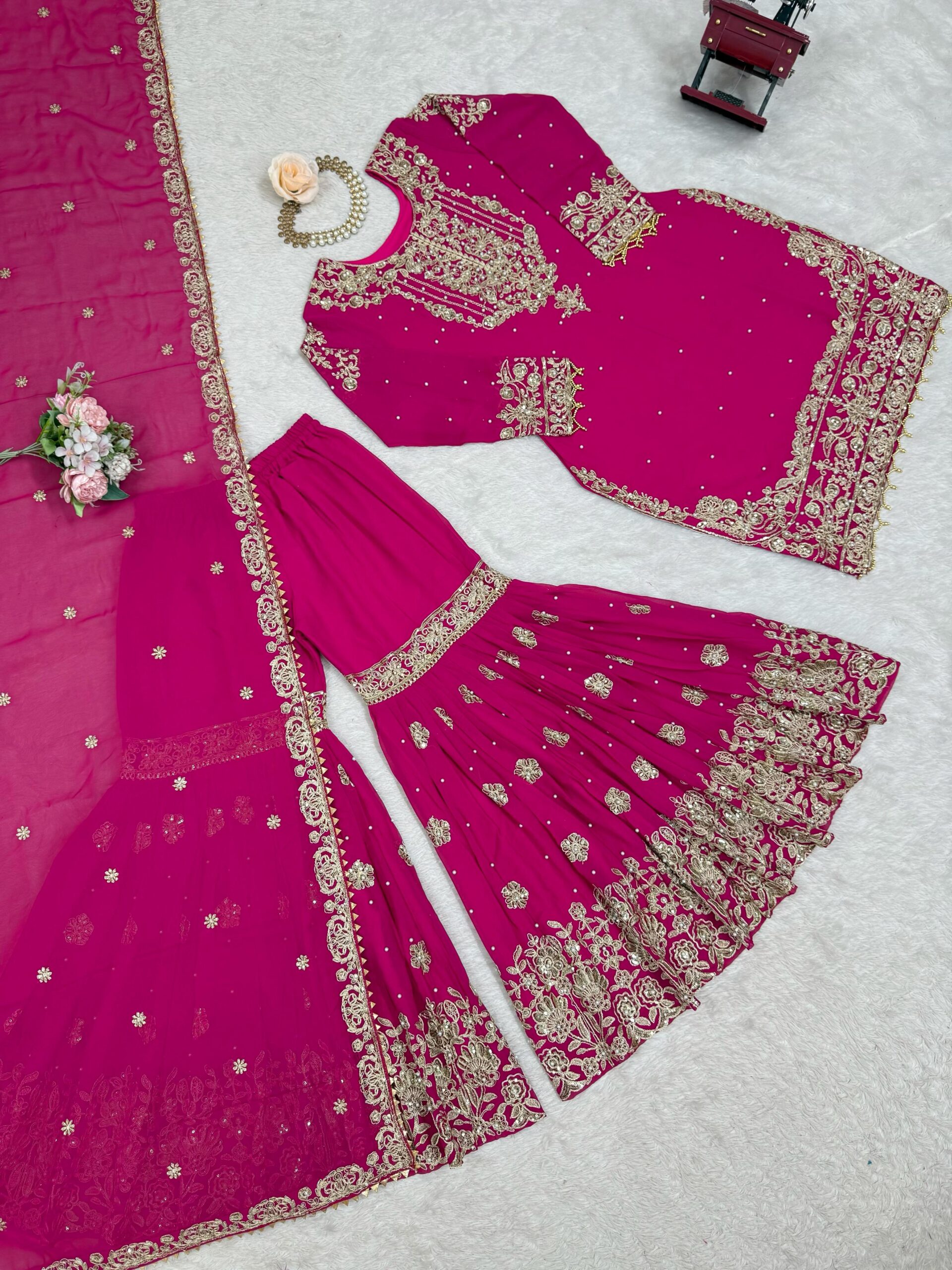Pink Color Faux Georgette Fabric Sequence And Thread With Pearl Work Sharara Set