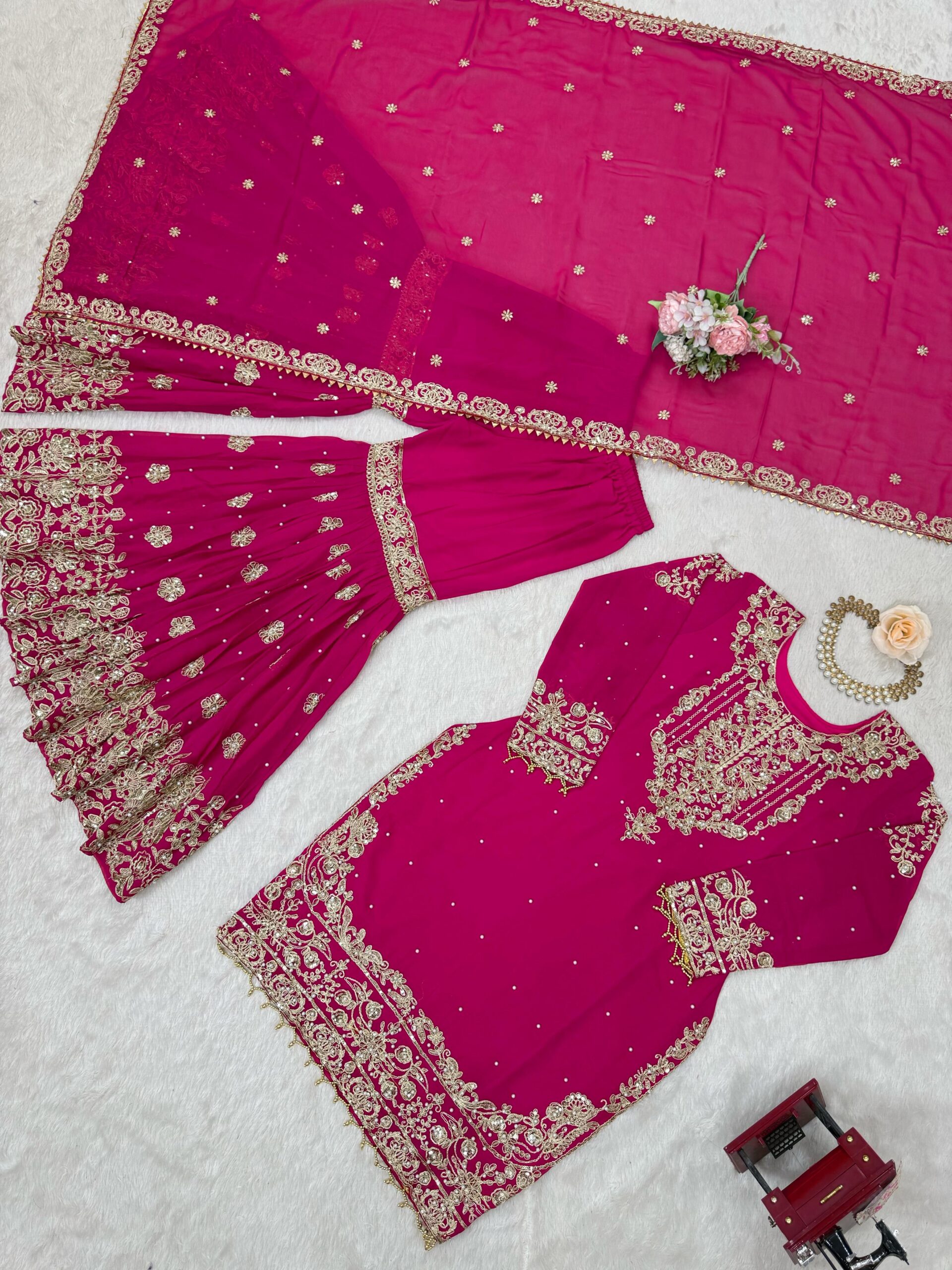 Pink Color Faux Georgette Fabric Sequence And Thread With Pearl Work Sharara Set