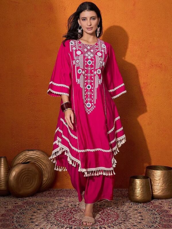 Pink Color Rayon Cotton Fabric Thread With Real Mirror Work Palazzo Set