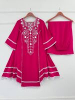 Pink Color Rayon Cotton Fabric Thread With Real Mirror Work Palazzo Set