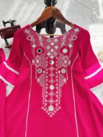 Pink Color Rayon Cotton Fabric Thread With Real Mirror Work Palazzo Set