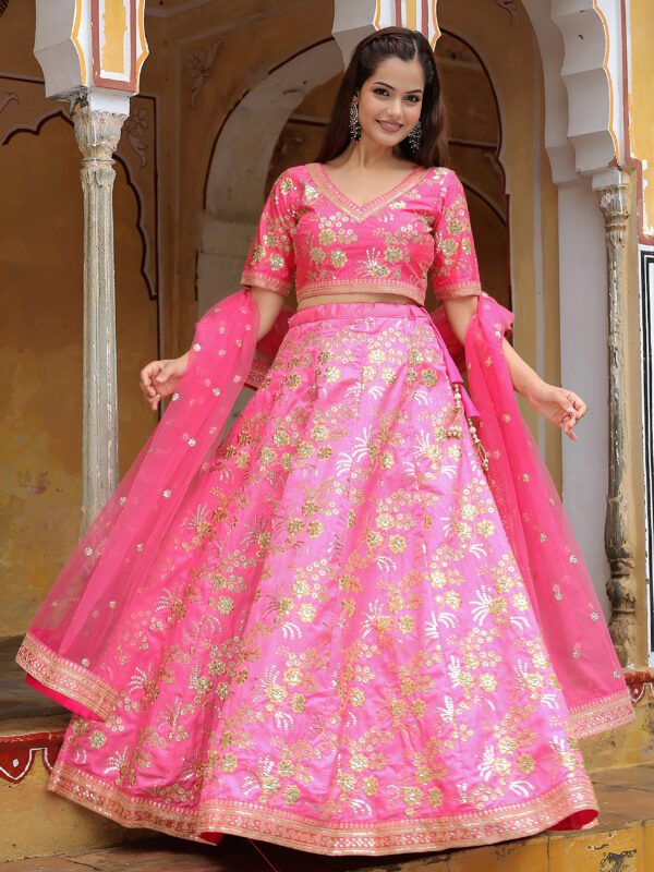 Pink Color Slub Silk Fabric Jari With Thread And Sequence Embroidery Work Lehenga