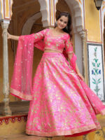 Pink Color Slub Silk Fabric Jari With Thread And Sequence Embroidery Work Lehenga