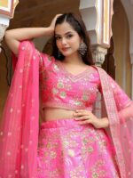 Pink Color Slub Silk Fabric Jari With Thread And Sequence Embroidery Work Lehenga