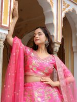 Pink Color Slub Silk Fabric Jari With Thread And Sequence Embroidery Work Lehenga
