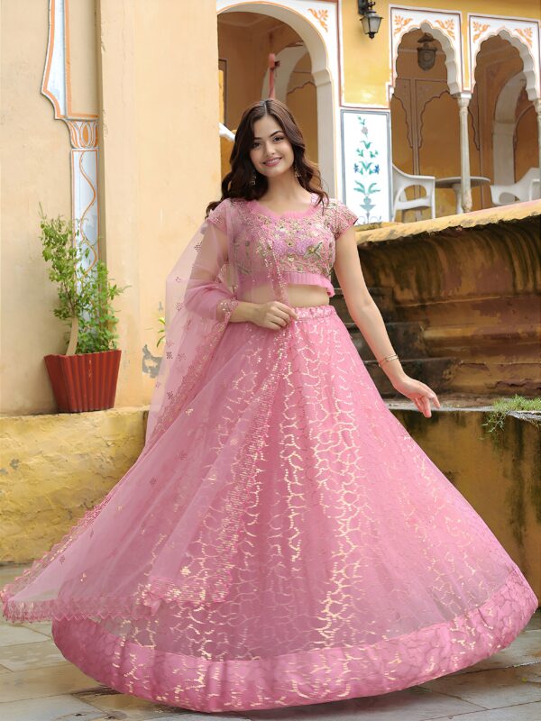 Pink Color Soft Net Fabric Thread With Resham Embroidery Work Lehenga