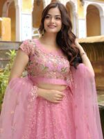Pink Color Soft Net Fabric Thread With Resham Embroidery Work Lehenga