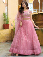 Pink Color Soft Net Fabric Thread With Resham Embroidery Work Lehenga
