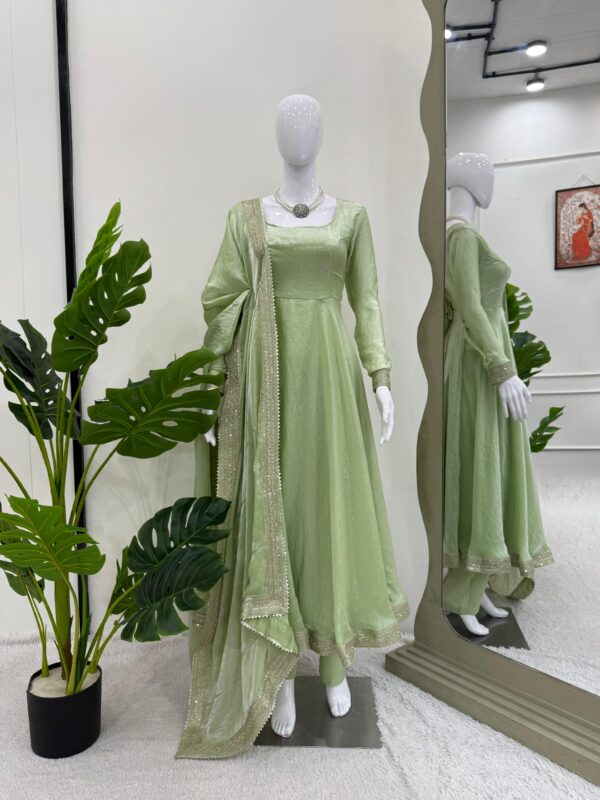 Pista Color Fandy Silk Fabric Thread With Sequence Work Gown